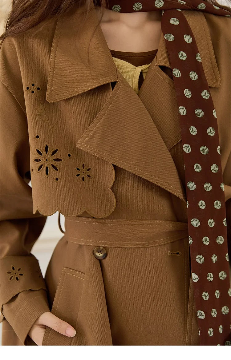 MISHOW Hollow Flower Trench Coat for Women Autumn 2025 Double Breasted Retro Trench with Slant Pocket Belt Coats MXE46W0838