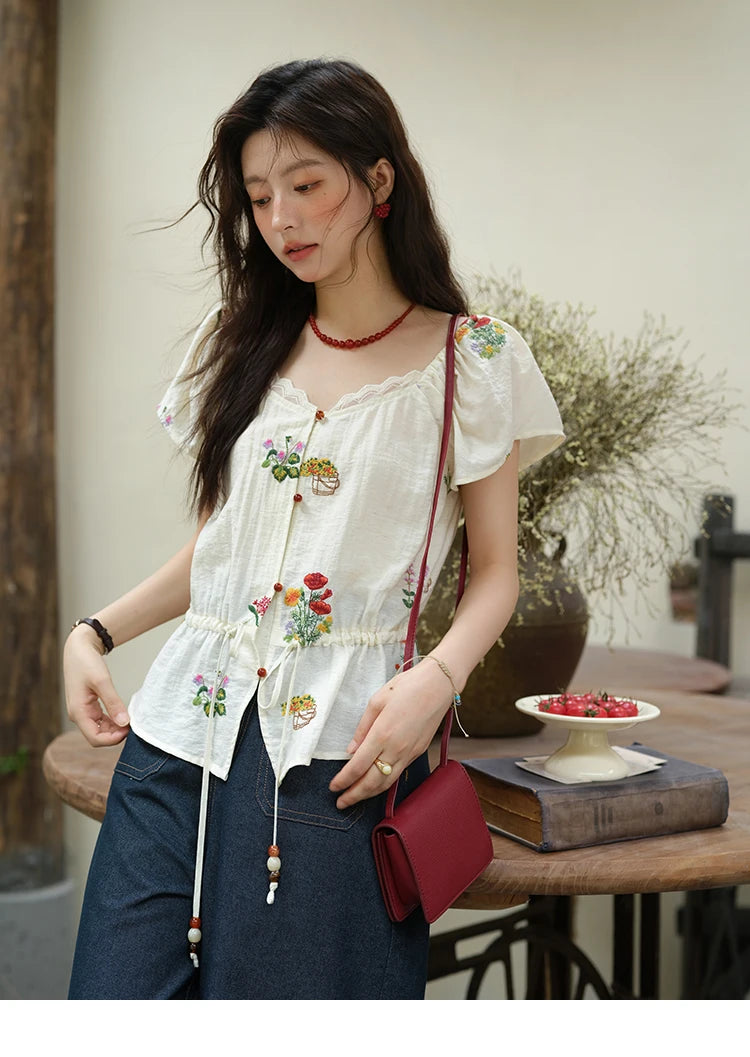 MISHOW Women's Fashion Flower Embroidery Blouse Summer 2025 Square Neck Lace Drawstring Short Top Ladies Clothing MXE37X1895