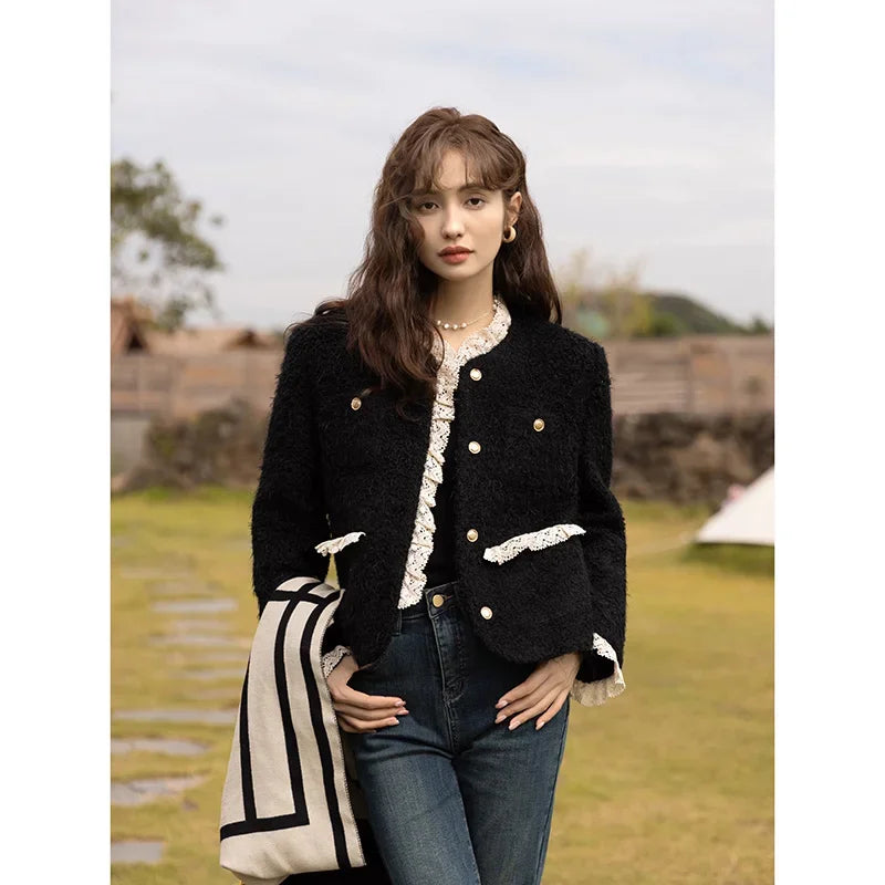 MISHOW Wool Coat for Women Winter Korean Retro Lace Splicing Lamb Wool Button Pockets Thickened Warm Female Coat MXB43W0720