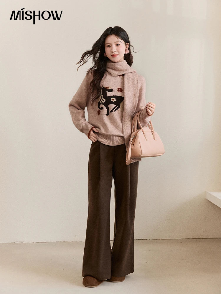 MISHOW Women's Horse Pattern Knit Sweater Winter Crew Neck Sweaters Collar Cuffs Splice Contrasting Faux Mink Fur Top MXE94Z2863