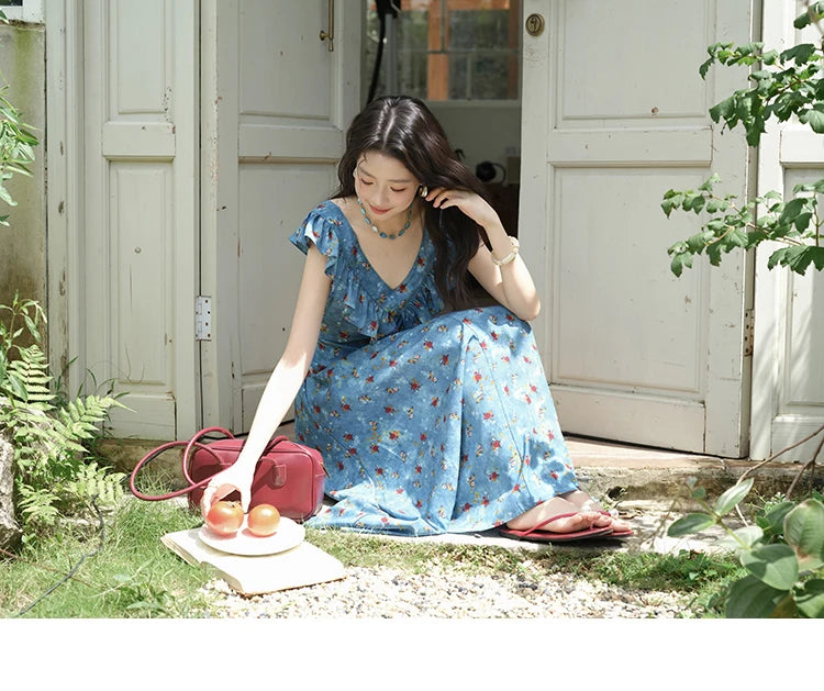 MISHOW Women's Fashion V-neck Ruffled Floral Dress Summer 2025 Flying Sleeve Waist Lace Up Casual Vacation Dresses MXE39L2436