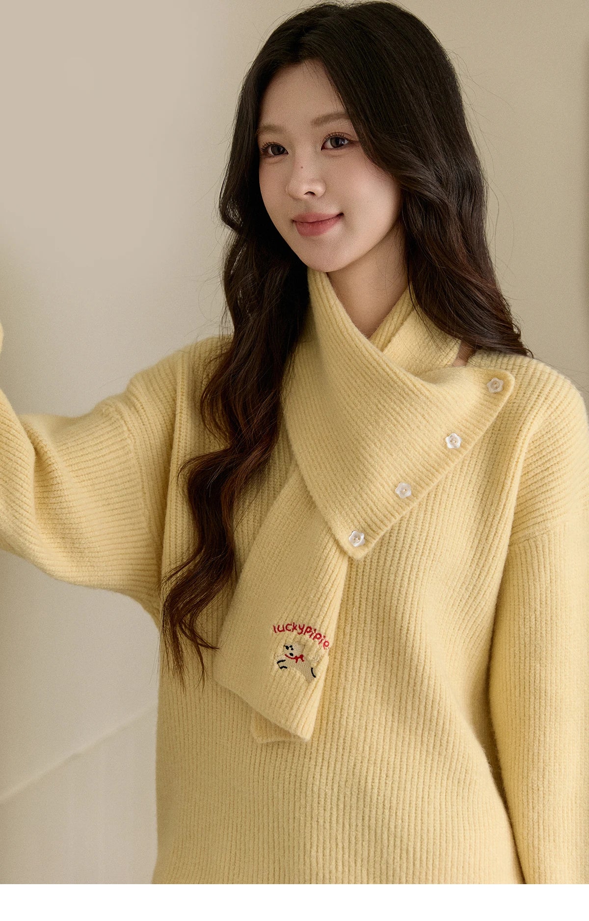 MISHOW Women's Yellow Sweater with Detachable Scarf 2025 Autumn Winter Loose Casual Warm Thickened Knit Pullover MXE93Z2953