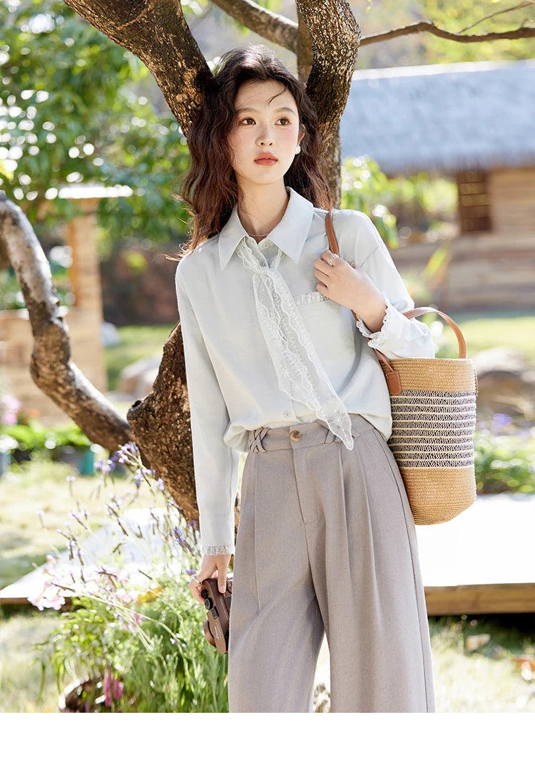 MISHOW French Spring Blouses Women 2025 New Long Sleeve Turn-down Collar Loose Shirts Female Fashion Lace Casual Tops MXE16C0760