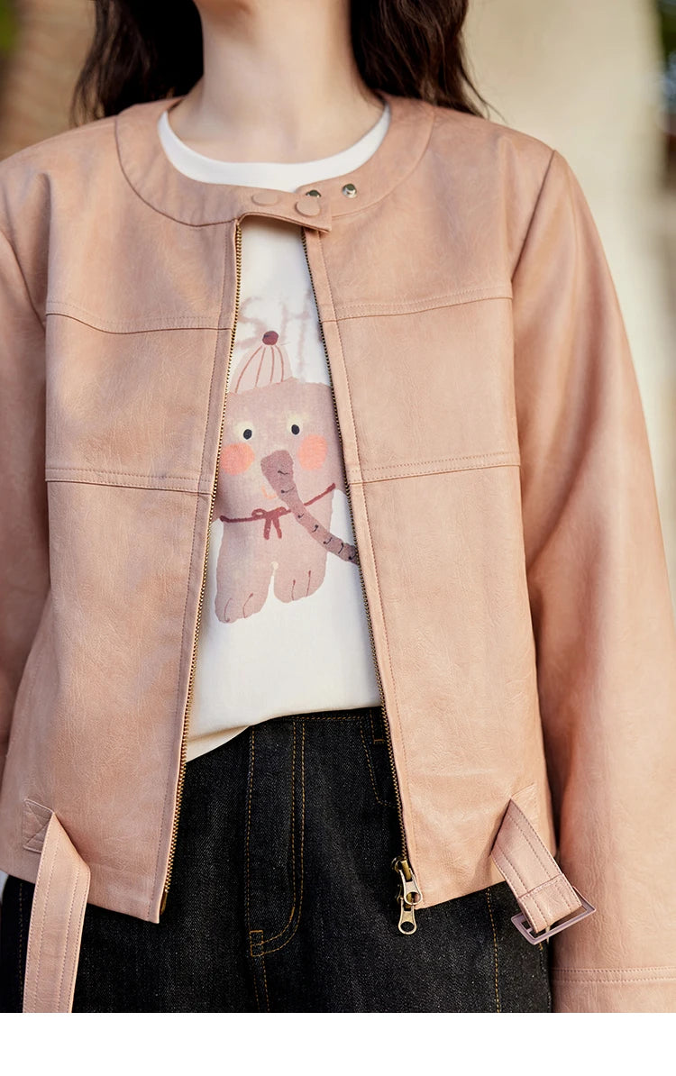 MISHOW Fashion Pink Leather Jacket Women's Spring 2025 New Shoulder Long Sleeved Slim Fit Leisure Tops Coat Female MXE11W0714