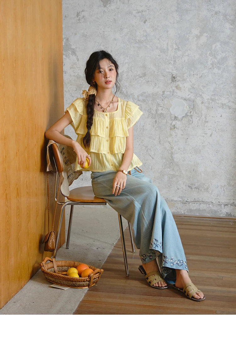 MISHOW Butterfly Sleeve Chiffon Shirt Women's 2025 Summer New Women's Clothing Retro Square Neck Button Casual Shirt MXD30X1488