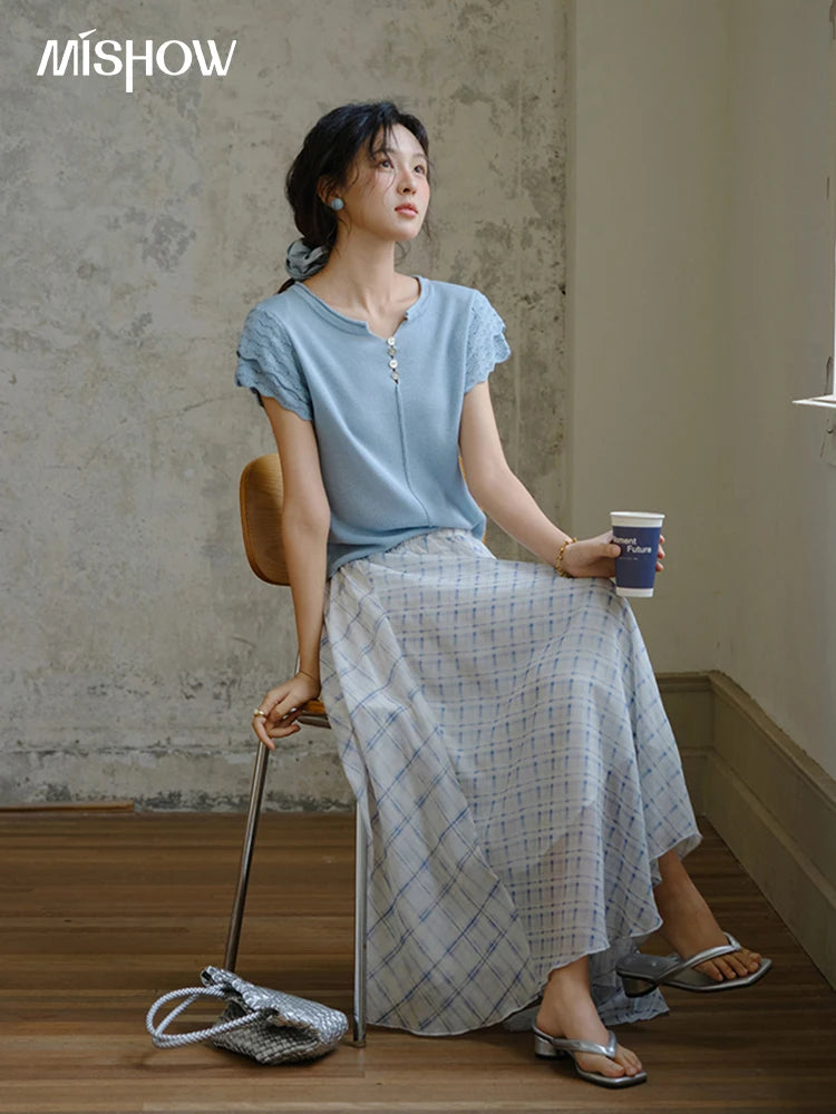 MISHOW Sheep Wool Knitted T-shirt for Women 2025 Summer New Button O-Neck Short Sleeve Blue Top Female Clothing MXE34Z1262