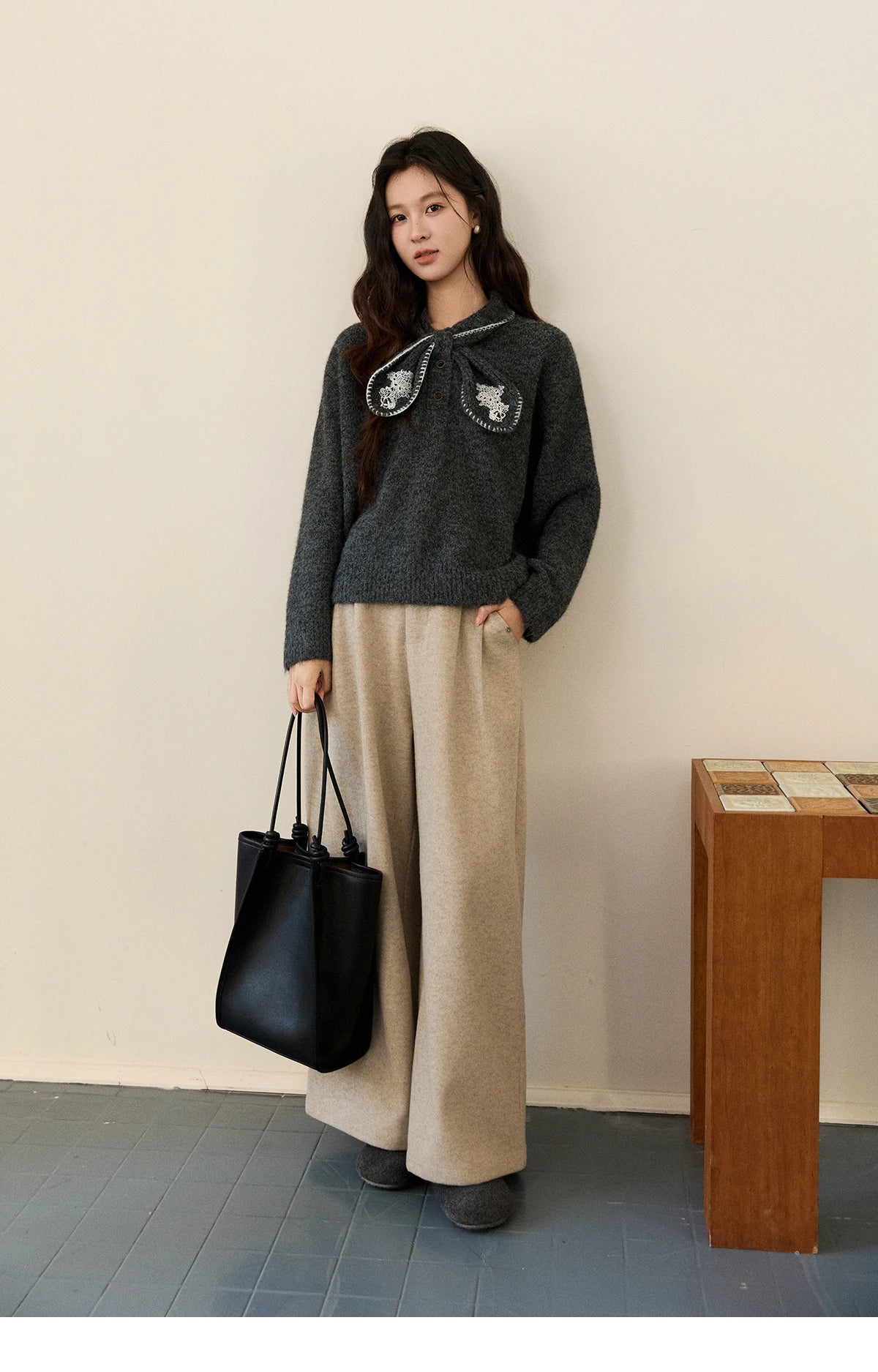 MISHOW Women's Yellow Knitted Sweater 2025 Autumn Winter Bow Collar Splicing Lace Tops Loose Warm Pullover Sweaters MXE94Z2971