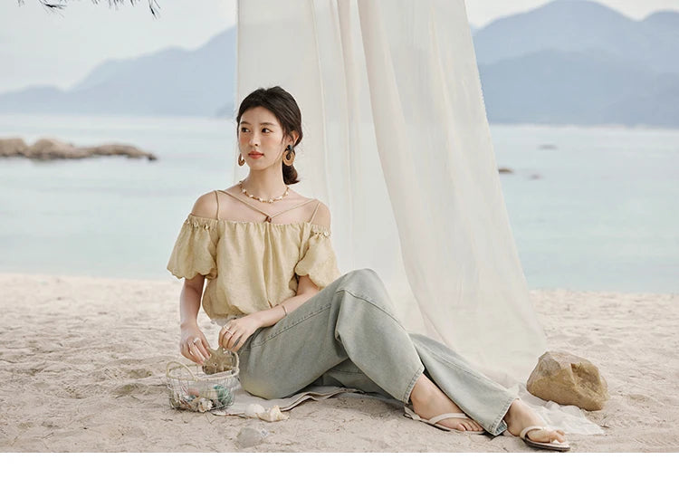 MISHOW French Summer Camisole Shirt Female 2025 New Solid Off-shoulder Short Sleeve Lace Tops Fashion Gentle Blouses MXE33X1755