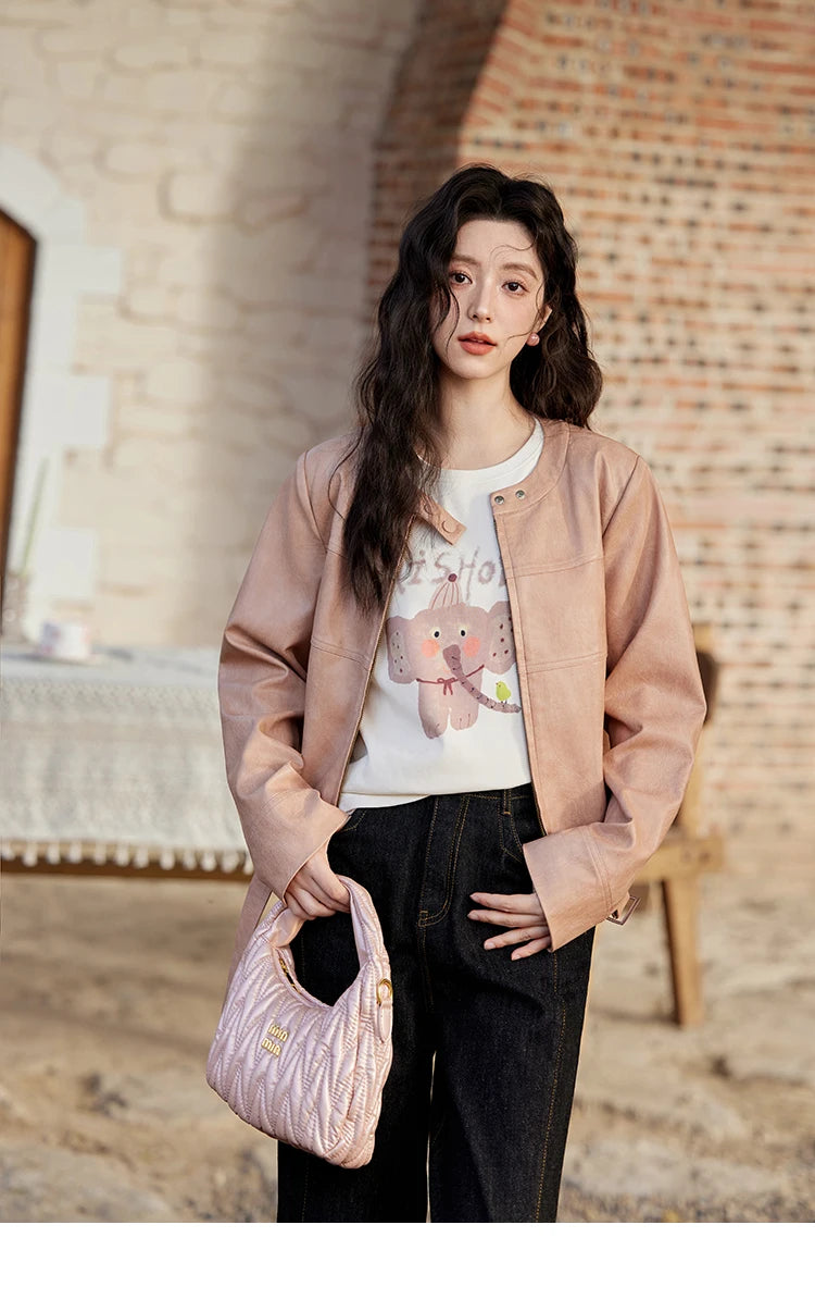 MISHOW Fashion Pink Leather Jacket Women's Spring 2025 New Shoulder Long Sleeved Slim Fit Leisure Tops Coat Female MXE11W0714