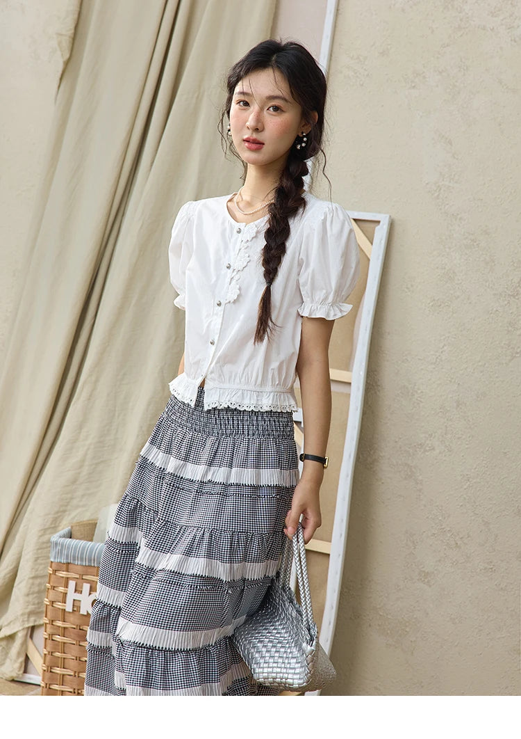 MISHOW Sweet Lace Pufff Sleeve Shirt Summer 2025 Flower Single Breasted Buttons Short Shirts Hem Elastic Waist Tops MXE34X1820