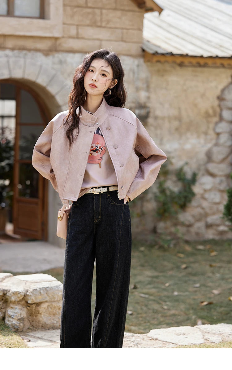 MISHOW Sweet Cool Blended Pink Purple Leather Coat Spring 2025 Stand Collar Motorcycle Style Jackets PU Leather Coats MXE13W0707