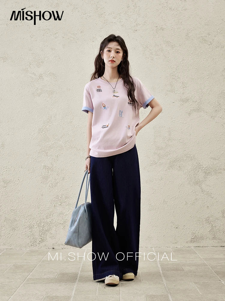 MISHOW Casual Spring Summer Jeans for Women 2025 Stitching Ruffle High Waist Jeans Female New Fashion Wide Leg Pants MXE16K0907