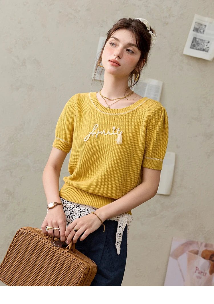 MISHOW French Knitted Pullover Women Summer 2025 Letter Short Sleeve Round Neck Slimming Sweater Female Fashion MXE33Z1219