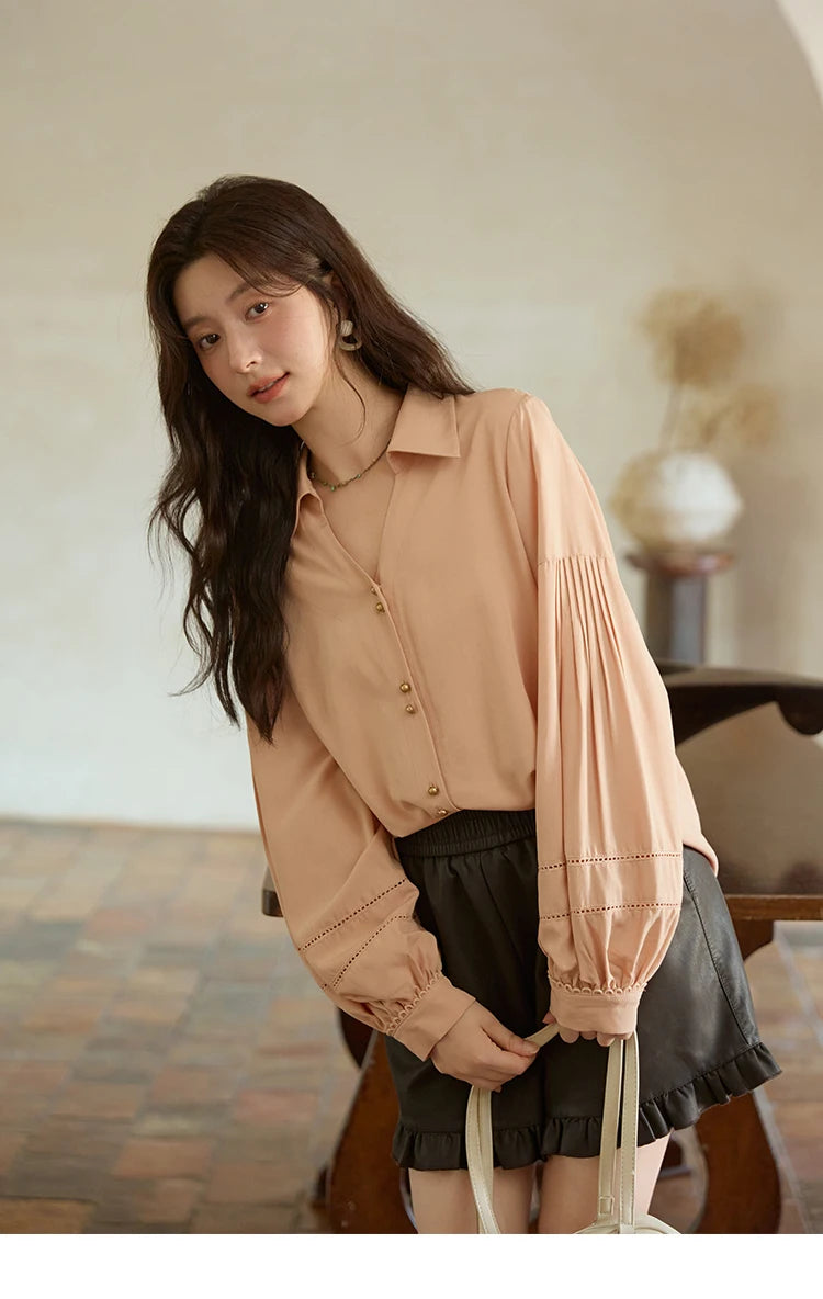 MISHOW Women's Shirt Lantern Sleeve Hollow Out Tops 2025 Autumn Single Breasted Solid Shirts Lapel Shirt Office Lady MXE41C2359
