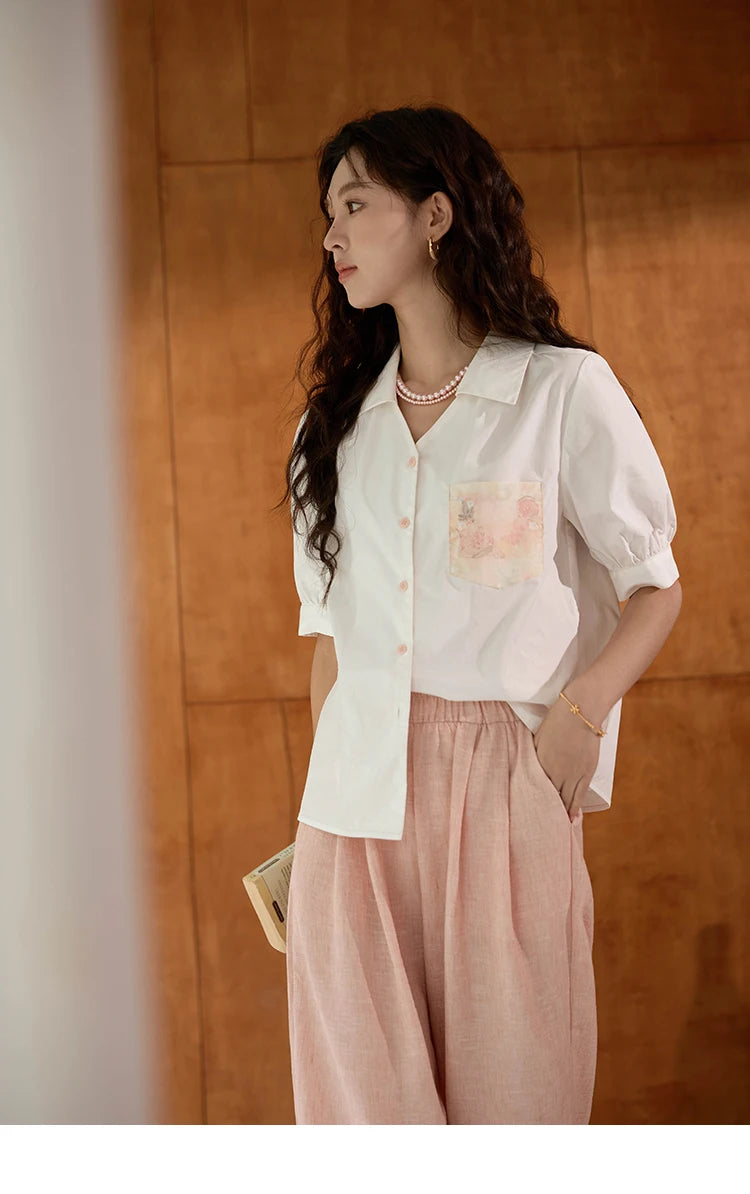 MISHOW Women's 100 Cotton Short Sleeved Shirt Loose 2025 Summer Embroidered Pocket Top Polo Neck Puff Sleeve Shirts MXD26C0243