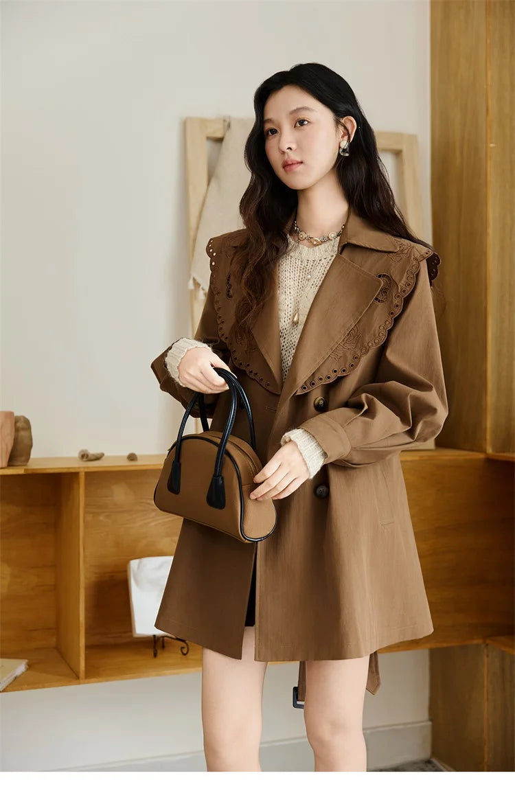 MISHOW Women's Trench Coat 2025 Autumn Hollow Embroidery Mid-length Windbreaker Double-breasted Belt Retro Jacket MXE46W0862