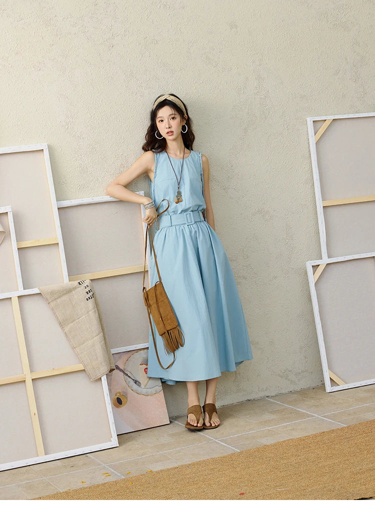 MISHOW Women's Vest Dress 2025 Summer Hand Woven Fried Dough Twists Waist Belt Slim Long Dress A-line Vacation Dress MXE34L2223