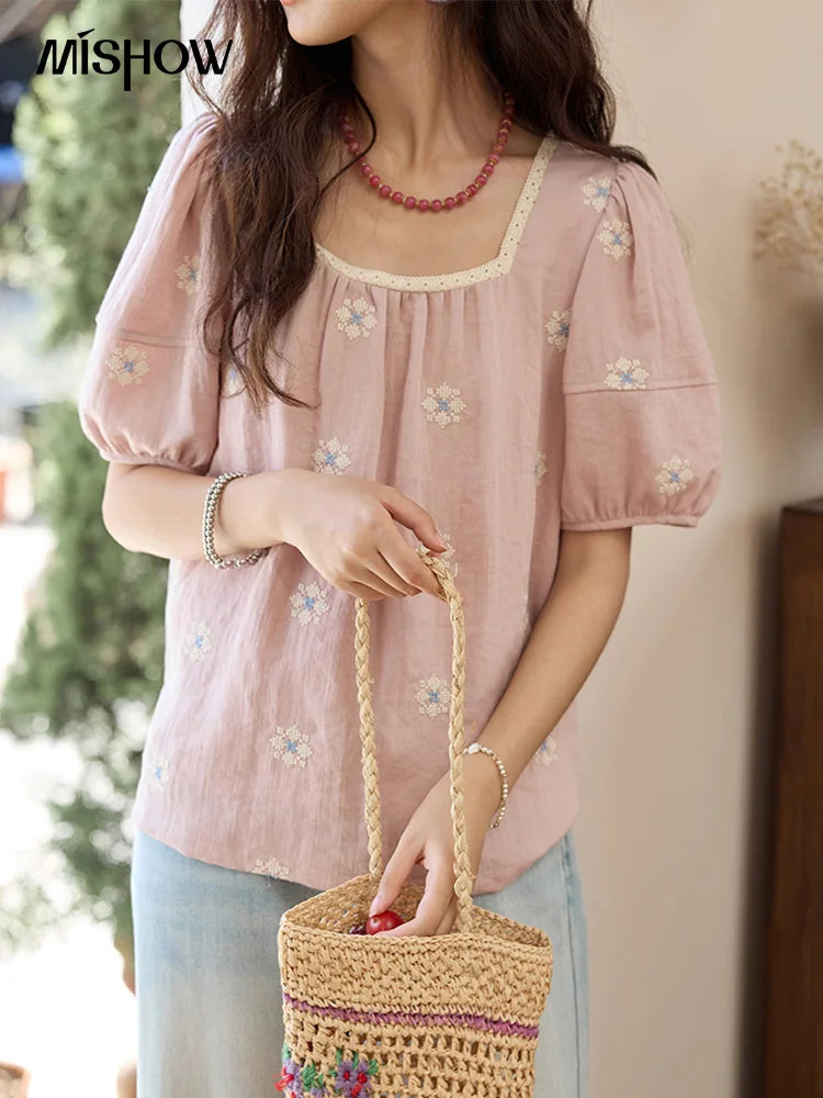 MISHOW Pink Embroidered Linen Floral Blouse for Summer 2025 A-line Square Collar Blouses Lace Patchwork Loose Tops MXE35X1834