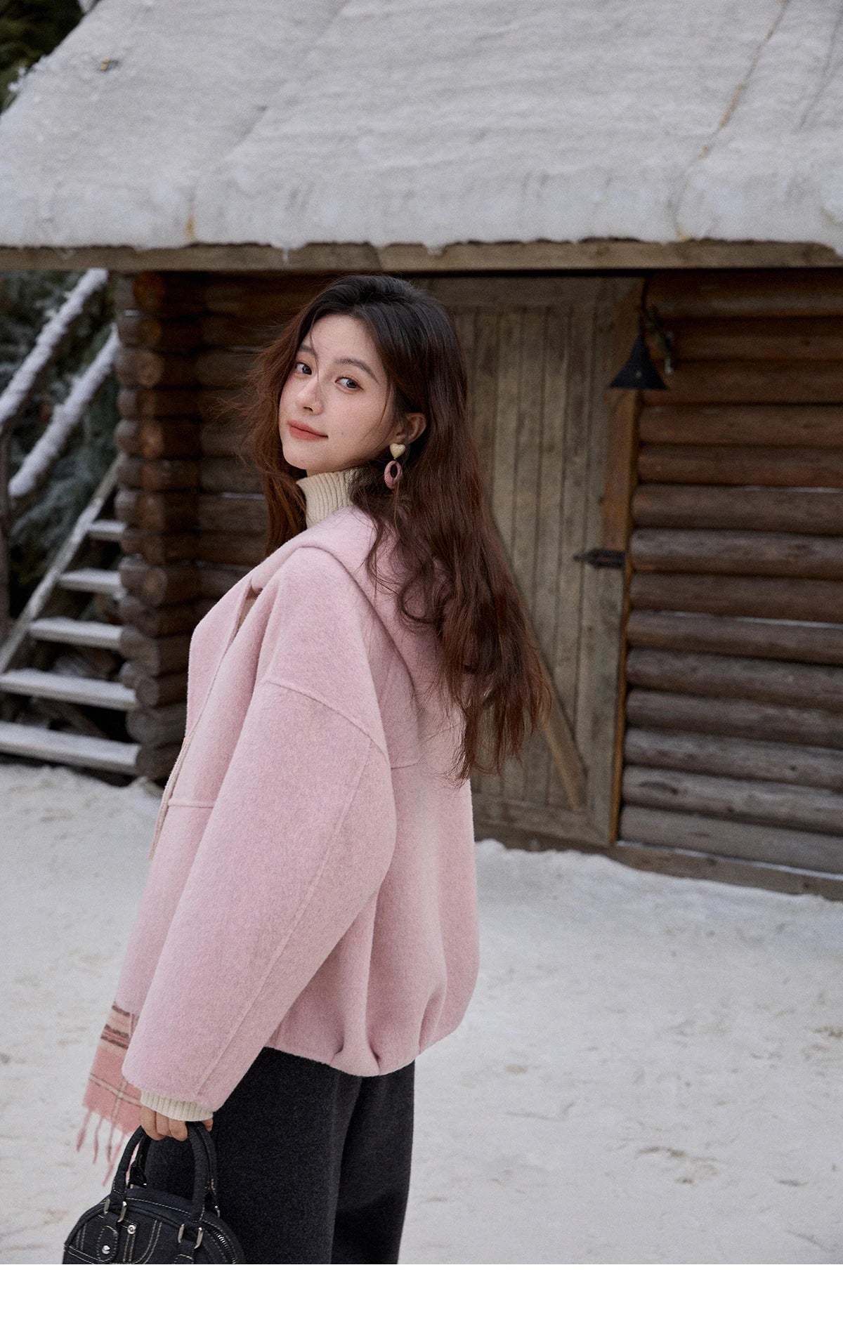 MISHOW Pink Wool Double-sided Woolen Coat Winter Hooded Bow Tie Strap Coats Loose Dropped Sleeves Coat Office Lady MXE91W1010