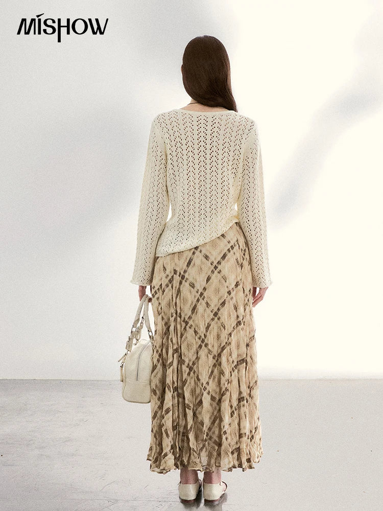 MISHOW Women's Hollow Out Knit Tops 2026 Spring Crew Neck Long Sleeve Tops Loose Casual Soft Breathable Beige Sweater MXF13Z3017