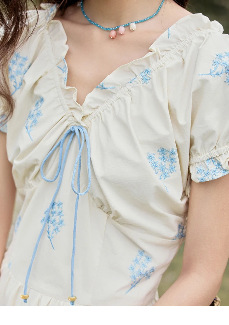 MISHOW French Print Summer Dresses for Women 2025 New Short Puff Sleeve V-neck Slimming Dress Female Fashion Cotton MXE32L2210