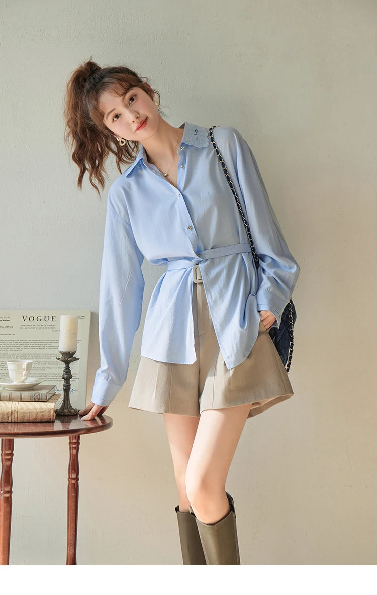 MISHOW Women's Casual Loose Shirt 2023 Autumn Turn-down Collar Embroidery Hollowed Out Single Breasted Mid Length Top MXC41C0077