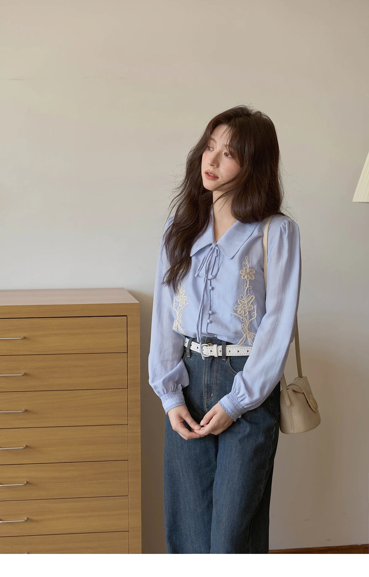 MISHOW Women's 100% Lyocell T-Shirt 2025 Autumn Flower Embroidered Tops Puff Sleeves Lapel Lace-up Shirts Office Lady MXE42C2371