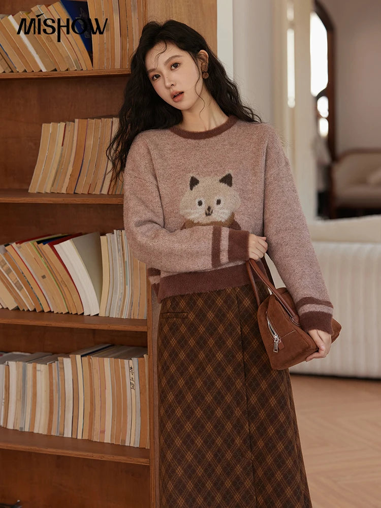 MISHOW Faux Sable Sweater Women 2024 Autumn Winter Sweet Gentle Loose Basic Soft Cartoon O-Neck Long Sleeve Pullovers MXD45Z0860