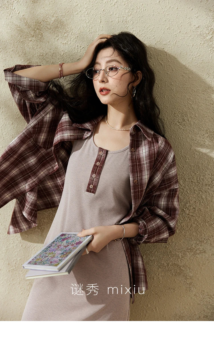 MISHOW Women's Plaid Shirt Grey Vest Dress Separately Spring Lapel Collar Shirt U-neck Sleeveless Dresses (Not A Set) MXE13L2093