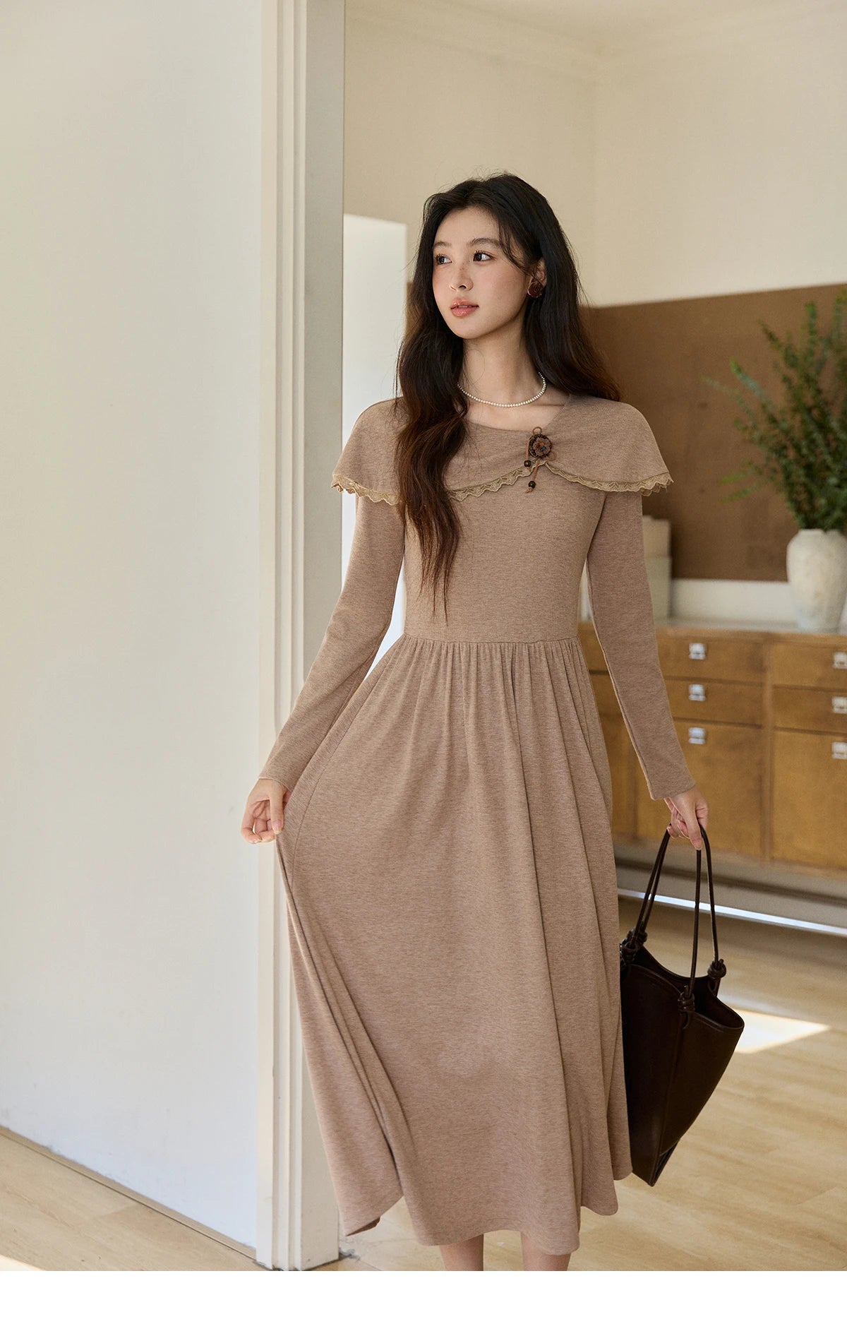 MISHOW Women's Khaki Knitted Dress 2026 Spring Large Collar Decor Long Sleeve Dresses Pleated Casual Elegant Dress MXF11L2553
