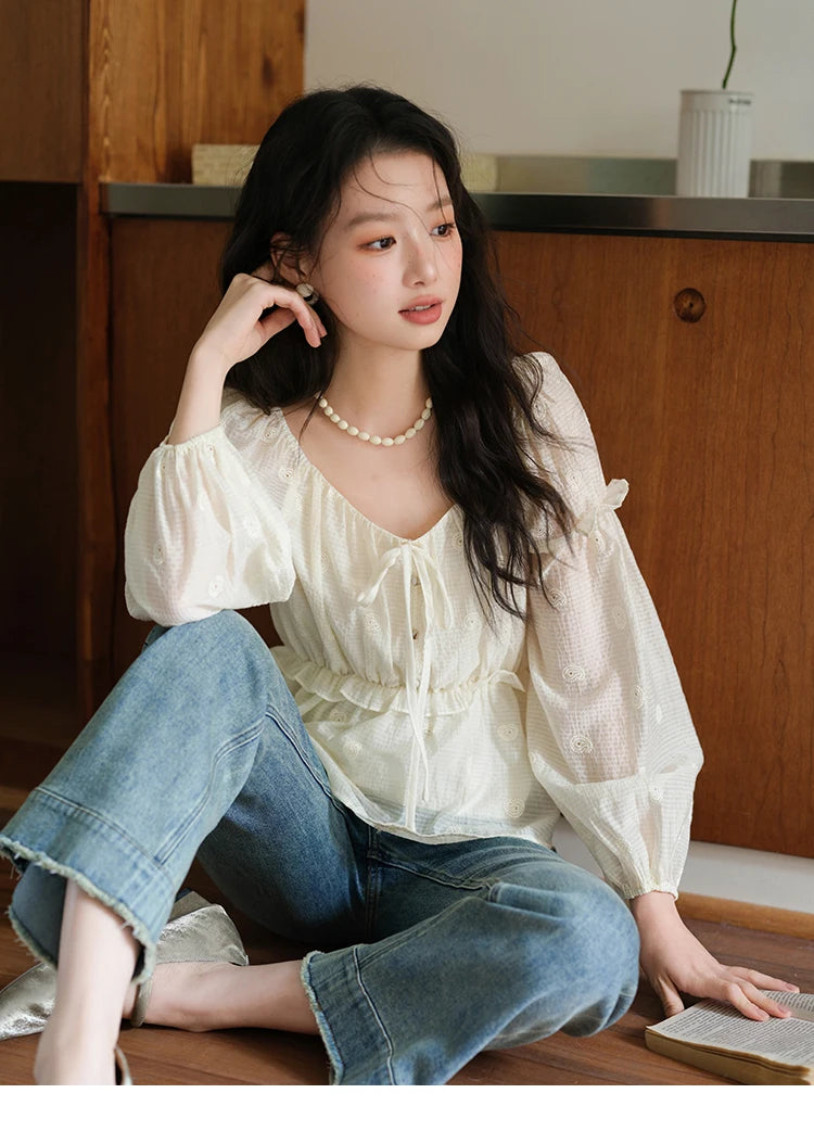 MISHOW Women's Fashion Cashew Flower Embroidered Blouse 2025 Autumn V-neck Lace Up Puff Sleeve Ladies Elegant Top MXE41X1945