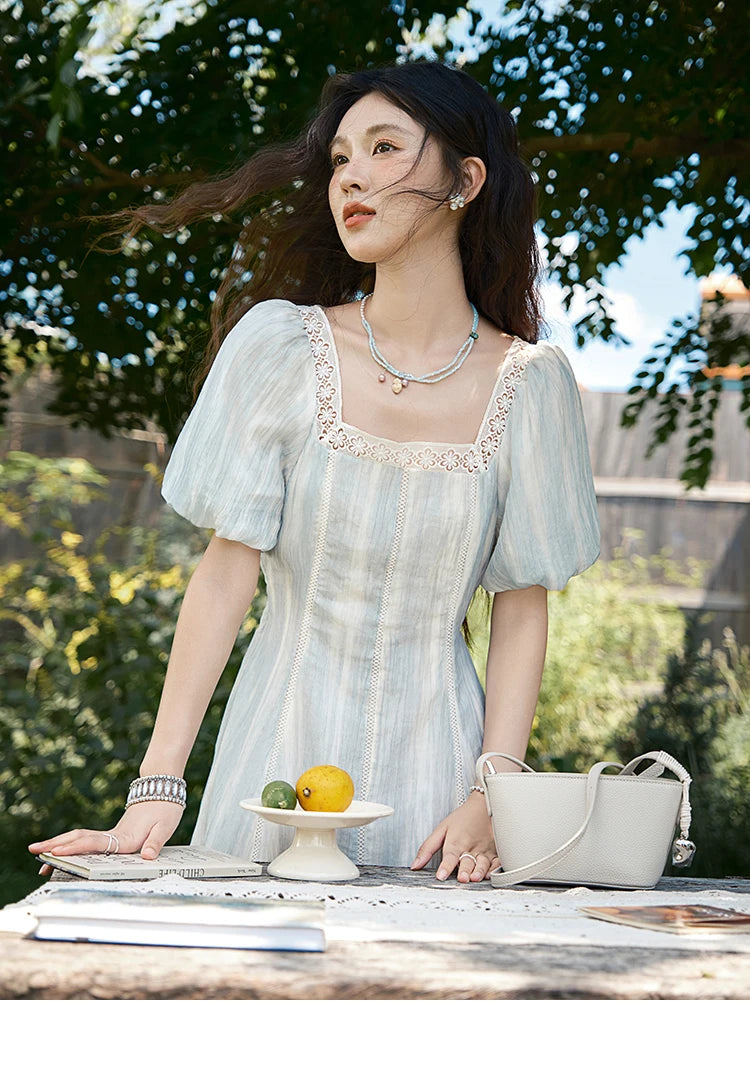 MISHOW Women's Summer Dress 2025 New Fashion Striped Square Neck Spliced Lace Hollow Out Dress Waist Lace Up Dresses MXE39L2403