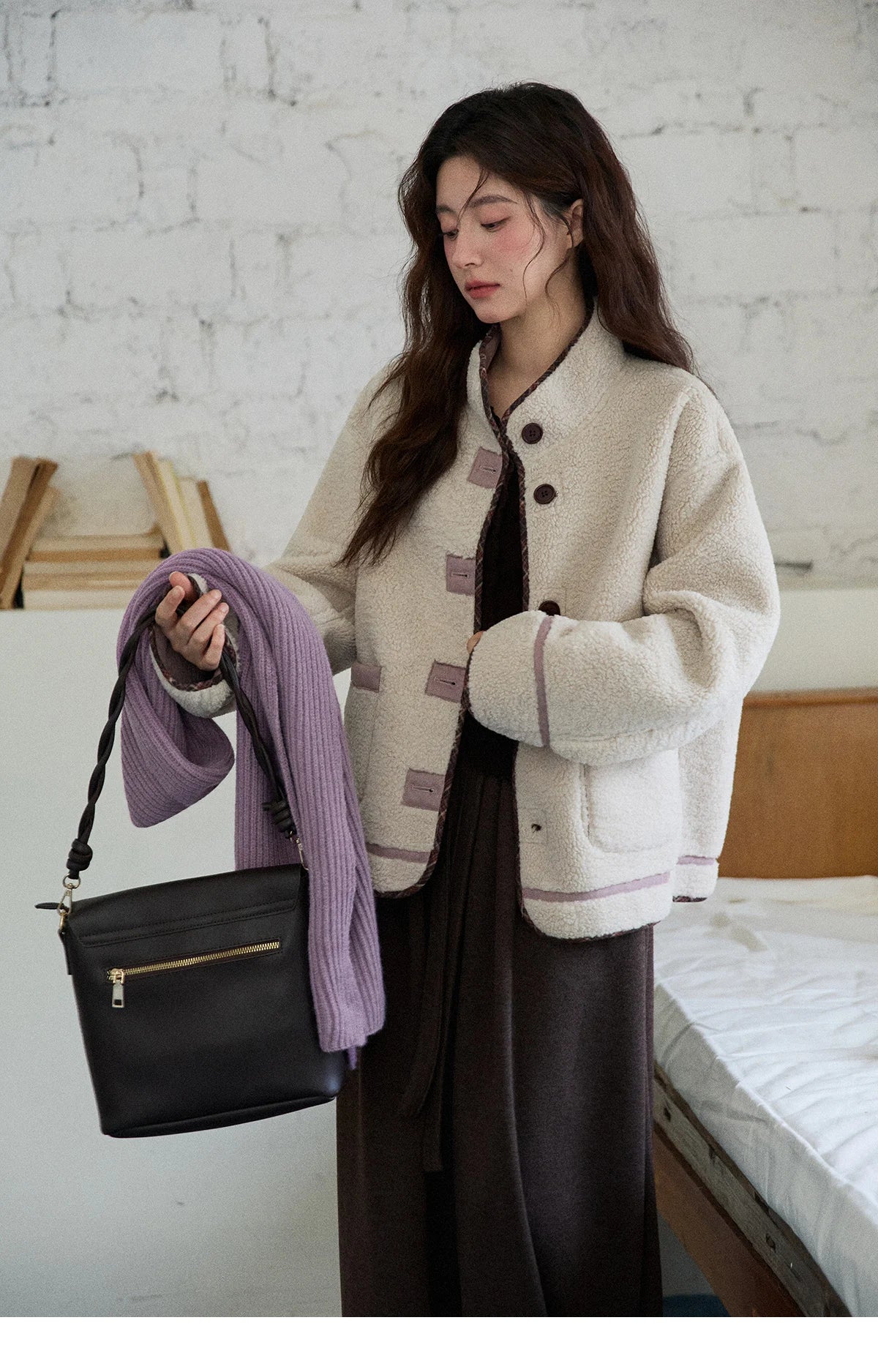 MISHOW Women Purple Coats 2025 Winter Luxury Turn-down Collar Double-sided Jacket Pocket Decoration Windproof Jacket MXE87W0940