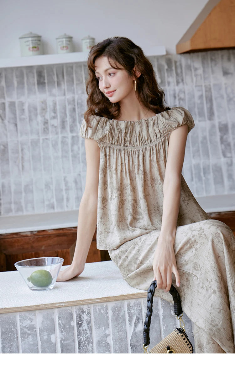 MISHOW Ink Printing Slash Neck Top Wide Leg Trouser Separately Summer Elastic Waist Pants Folds Chiffon Office Lady MXC39X1298