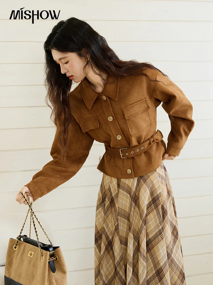 MISHOW Short Jacket for Women 2025 Autumn New Brown Lapel Metal Button Decorated Jacket Windproof Commuter Outerwear MXE46W0864