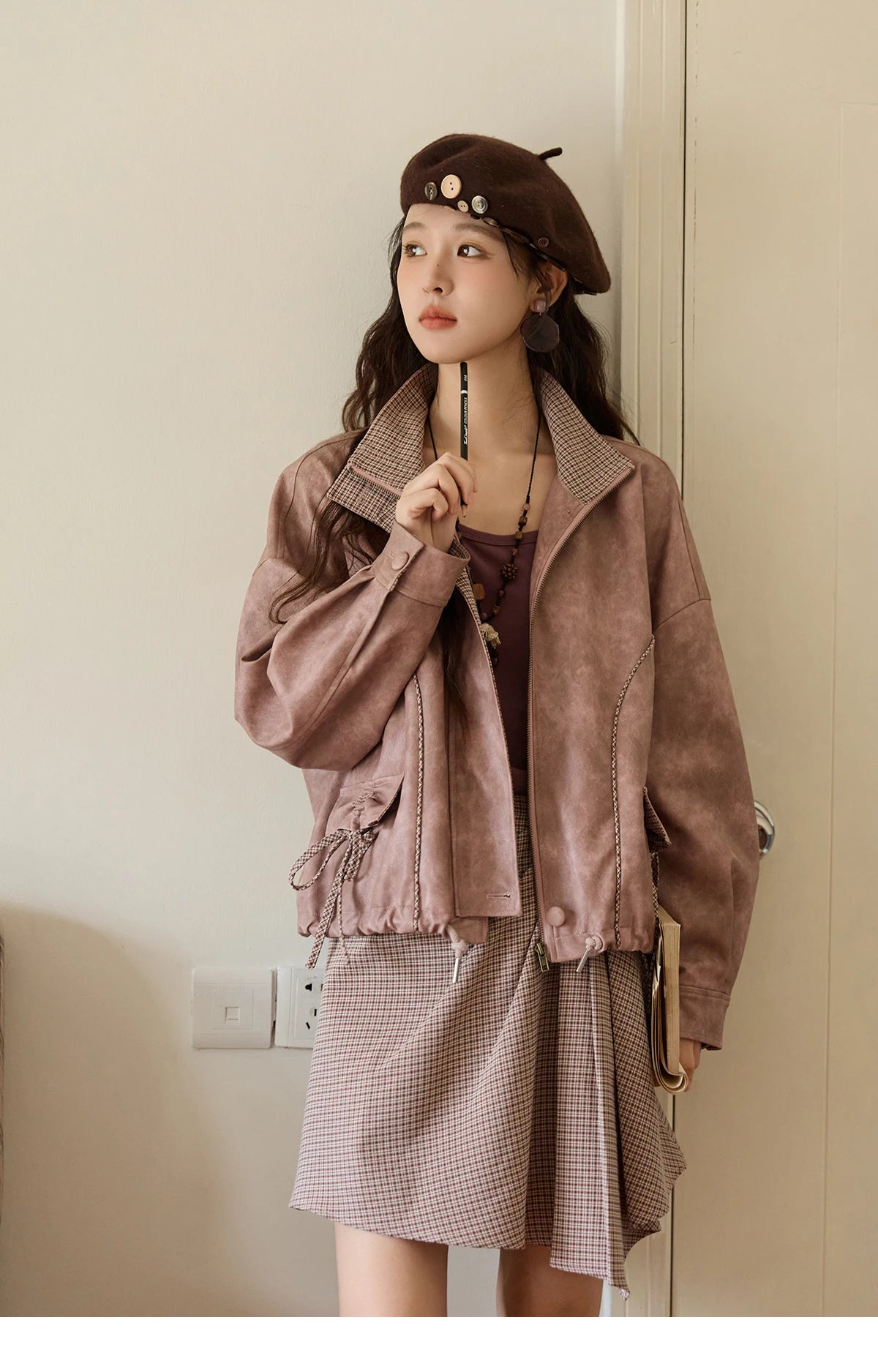 MISHOW Women's Dyed Leather Jackets 2025 Autumn Short Contrasting Plaid Lapel Jacket Fashion Loose Bow Pockets Coat MXE44W0818