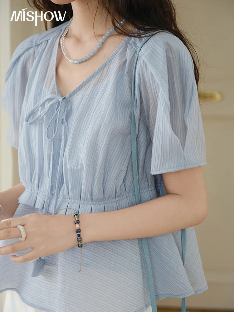 MISHOW Women's Fashion V-neck Blouse Summer 2025 New Splicing Button Commut Ladies Lace Up Casual Short Sleeve Top MXE34X1821