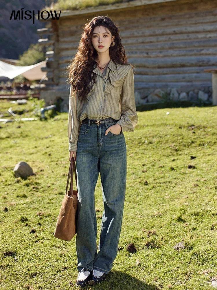 MISHOW Retro Button Long Sleeved Striped Shirt for Women 2024 Autumn Korean Flounce Polo Neck Casual Tops Office Lady MXD41C0321