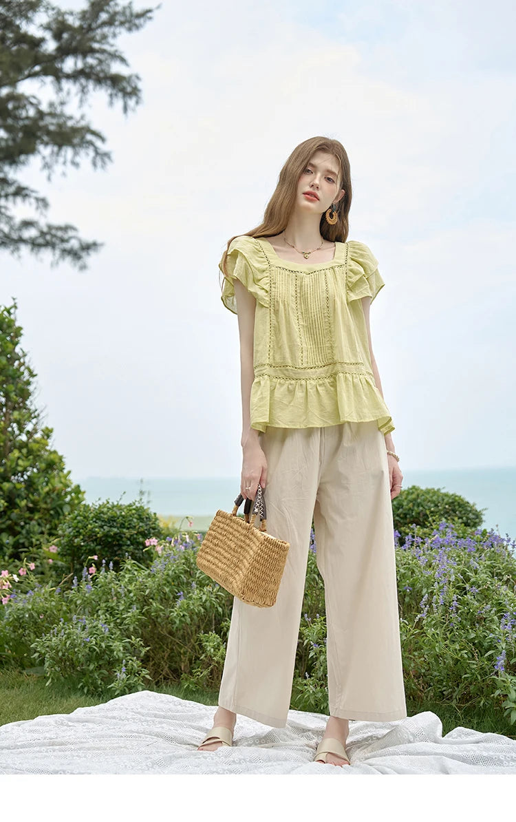 MISHOW Korean Lace Hollowed Out Flying Sleeve Blouse for Women 2024 Summer Square Neck Doll Shirt Casual Top MXD30X1574