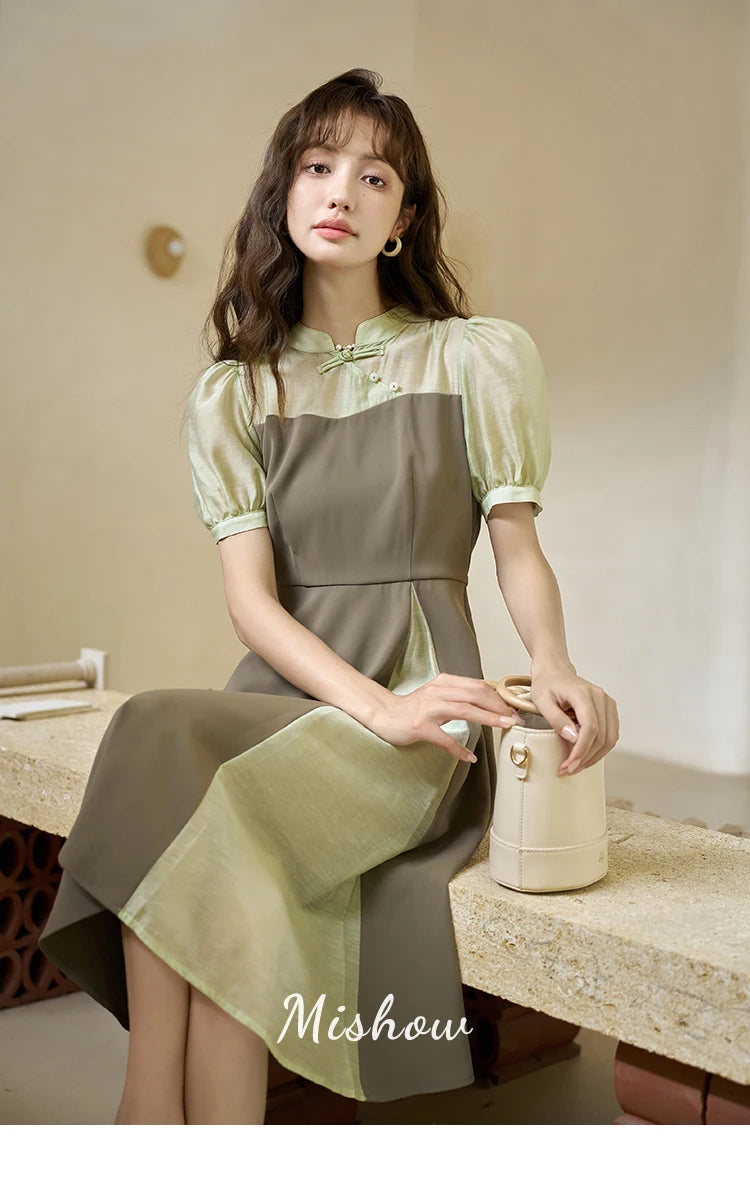MISHOW Chinese Style Dress for Women 2023 Summer Waist Puff Sleeve Patchwork Fake Two Pieces French Slim Long DressES MXC35L1354
