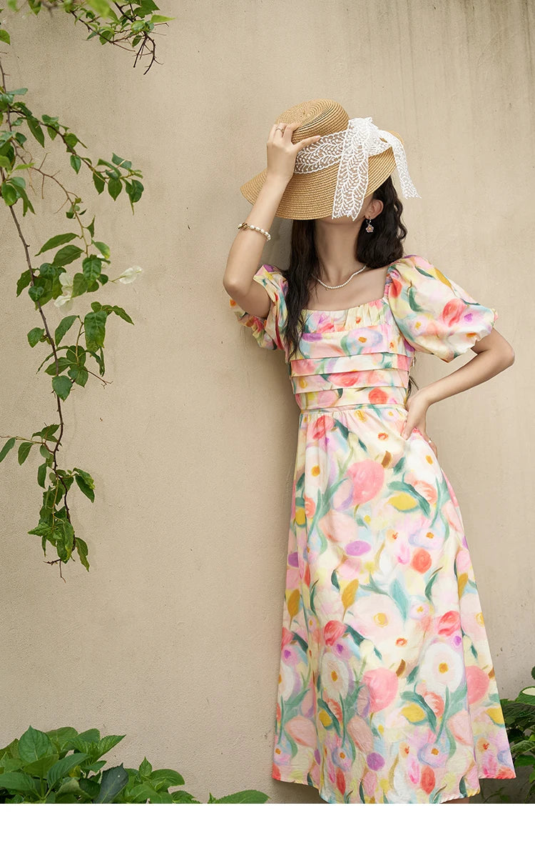 MISHOW French Tulip Fragmented Flower Dresses for Women 2024 Summer Beach Vacation Puff Sleeve Sweet Elegant Dresses MXD28L1896