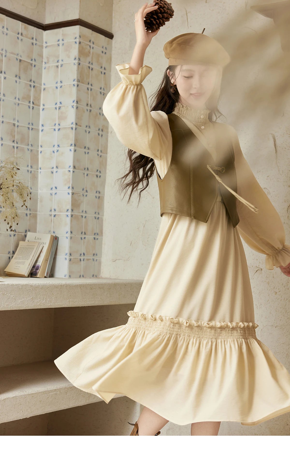 MISHOW French Stand Neck Elasticity Dress 2024 Autumn Waist Elegant A-line Dresses Elastic Lotus Leaf Sleeves Dress MPD42L2036