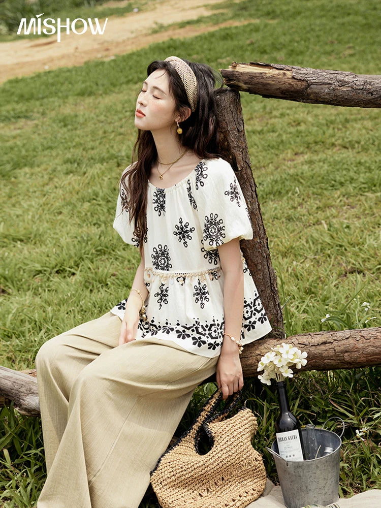 MISHOW Bohemian Print Shirts Women Summer Short Puff Sleeve Square Sleeve Loose Shell Ribbon Stitching Blouses Lady MXE35X1817