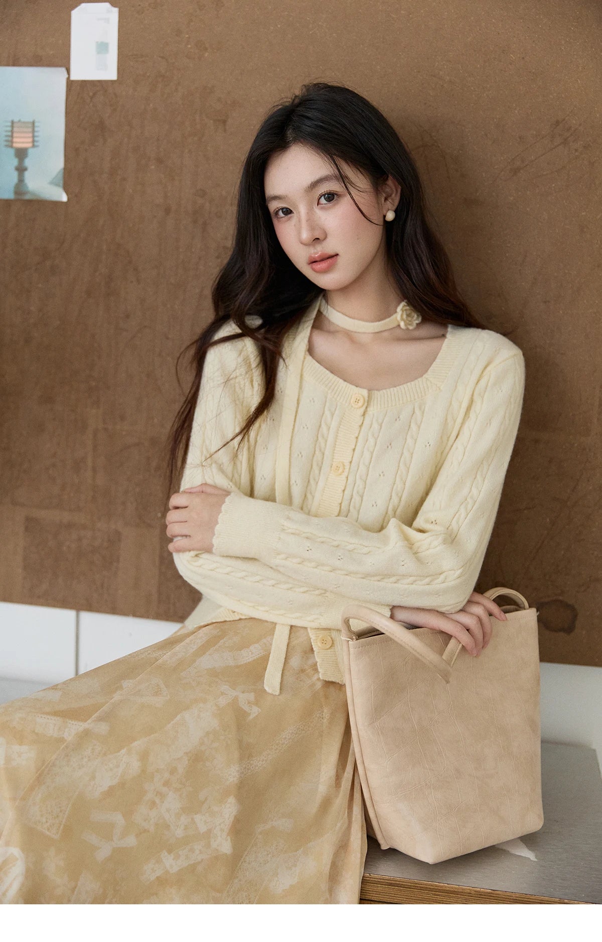 MISHOW Women's Beige Cable Knit Cardigan 2026 Spring Square Neck Long Sleeve Slim Casual Knitwear with Flower Ribbon MXF11Z2903