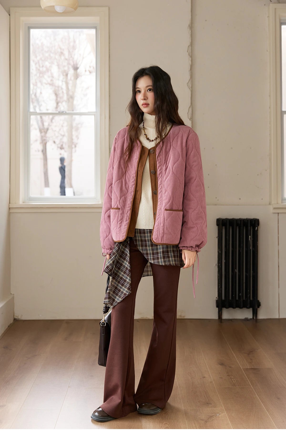 MISHOW Pink Purple Corduroy Jacket Women 2025 Winter Retro Gourd Pattern Pleated Cotton Splicing Suede Jacket Top MXE88W0882