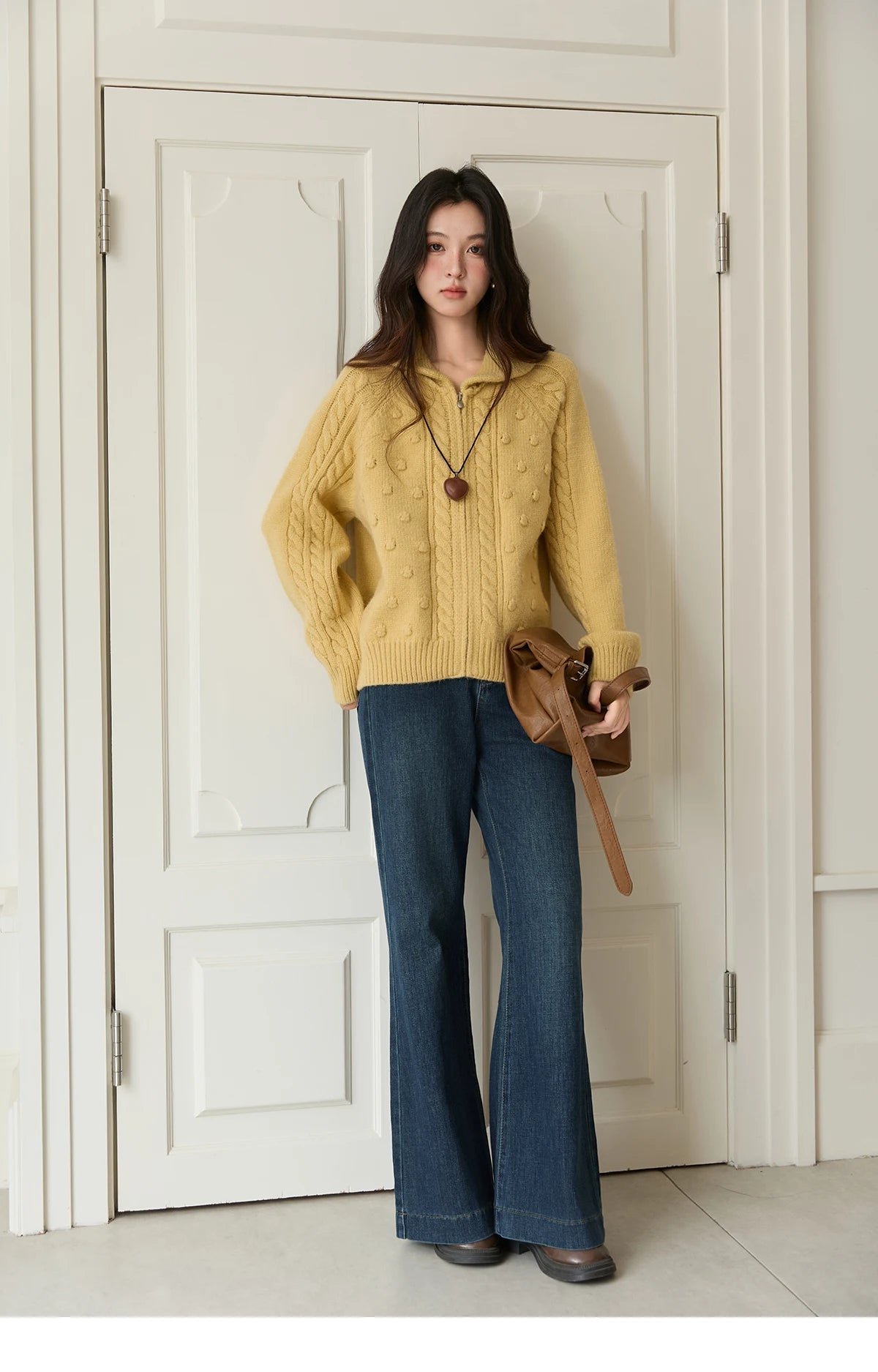 MISHOW Zipper Knit Cardigan Women 2025 Winter Yellow Turn-down Collar Loose Thick Sweater Luxury Comfort Casual Top MXE49Z2619