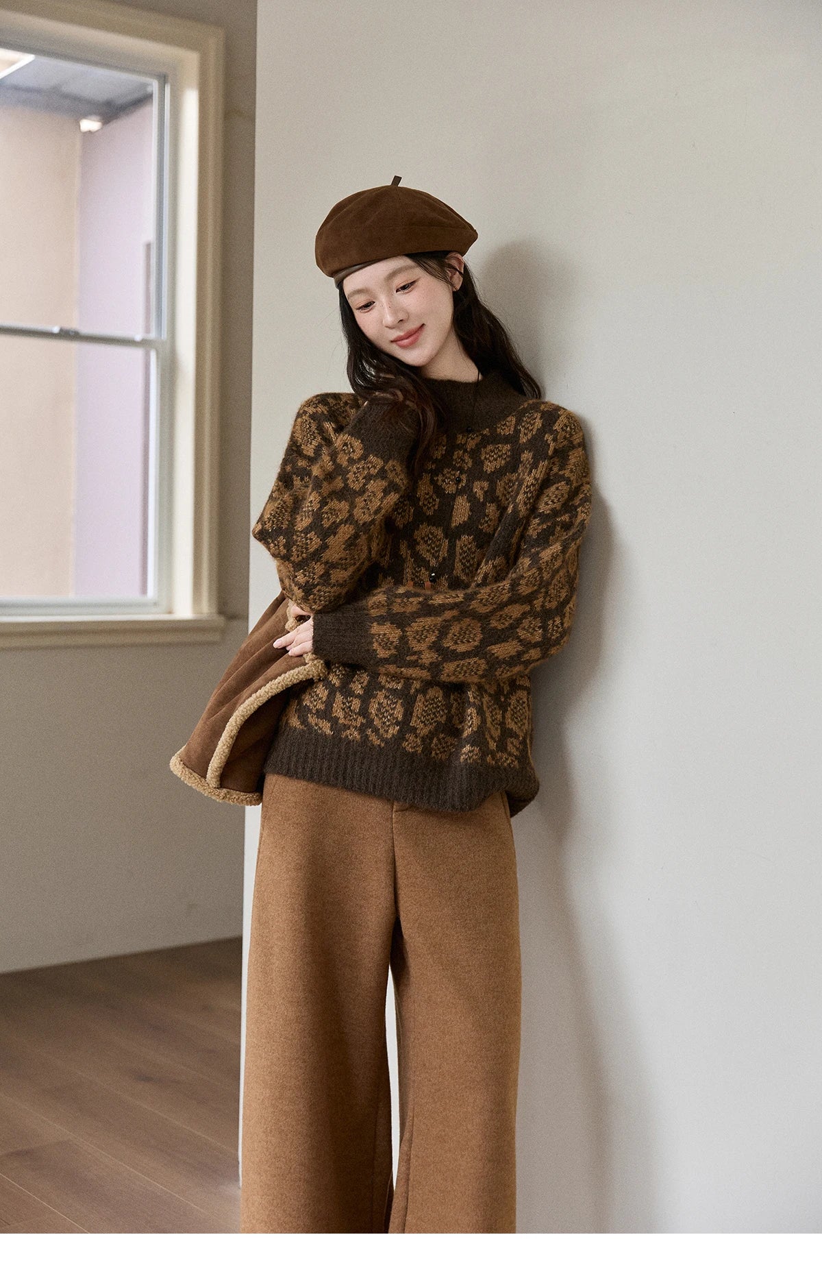 MISHOW Women's Color Block Geometric Leopard Jacquard Sweater Winter French Half Turtleneck Dropped Sleeve Knitwear MXE91Z2839