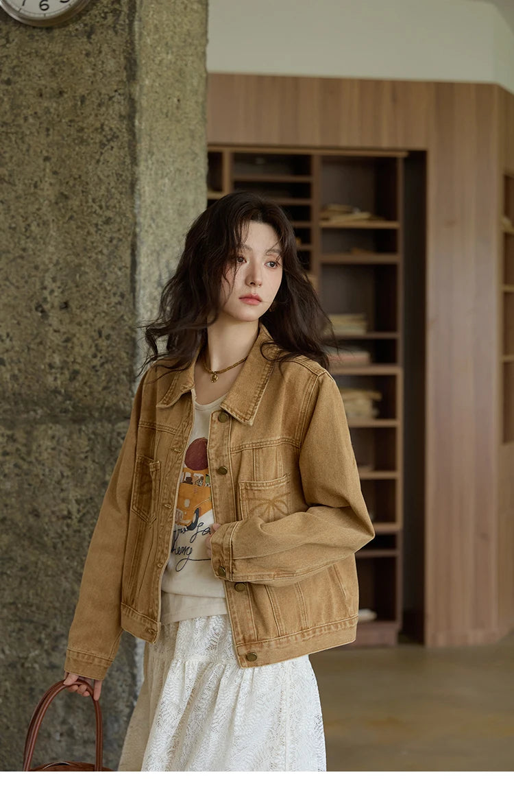 MISHOW Light Brown Vintage Denim Jacket for Women 2025 Autumn Embroidered Pockets Dropped Sleeve Retro Loose Jacket MXE41W0795