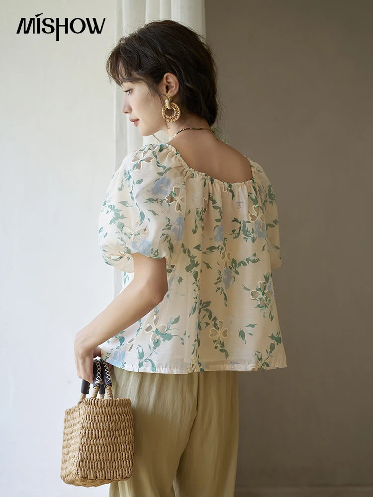 MISHOW Floral Hollow Blouse for Women 2024 Summer Korean Square Collar Elastic Blouses Sweet Puff Sleeve Loose Tops MXD29X1602