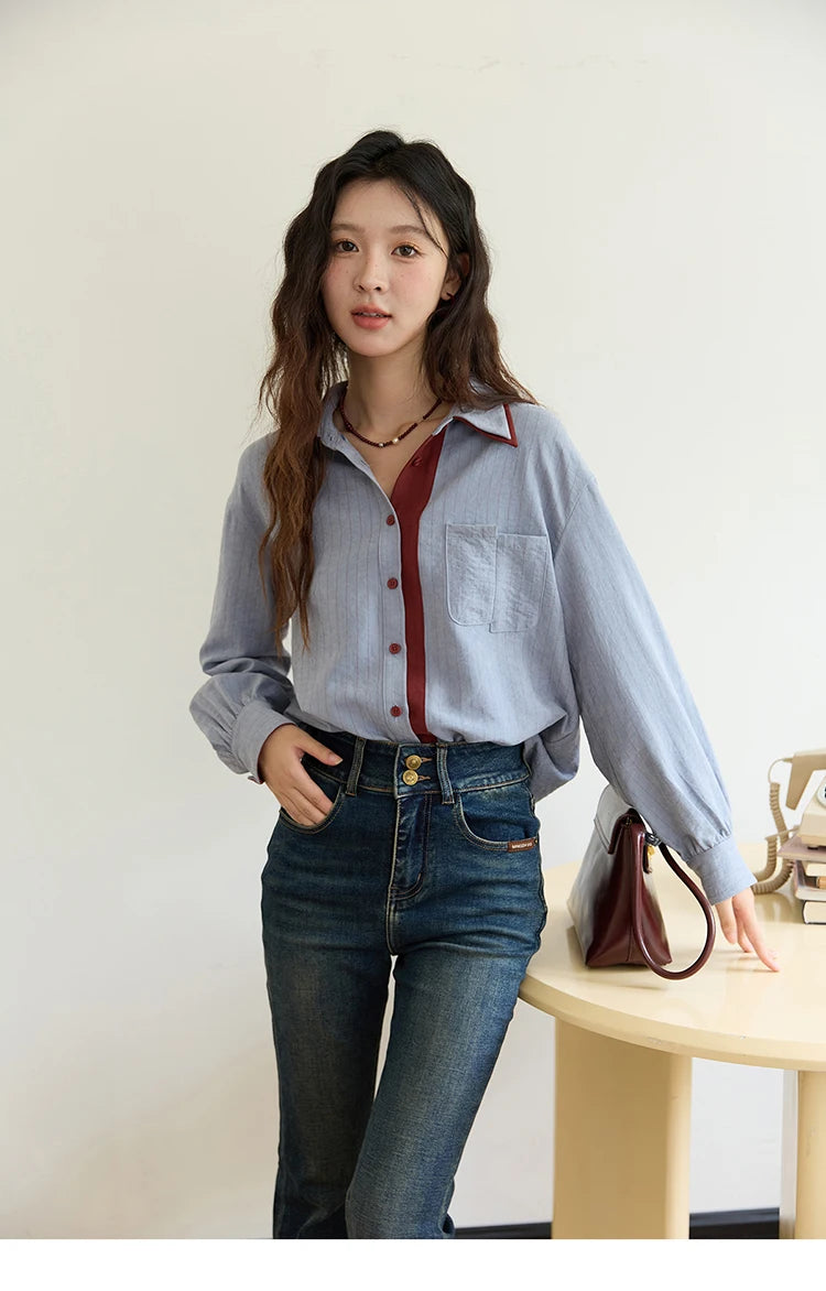 MISHOW Striped Shirt for Women Autumn 2025 Blue Red Splicing Contrasting Color Shirts Laple Loose Retro Commute Top MXE46C2405